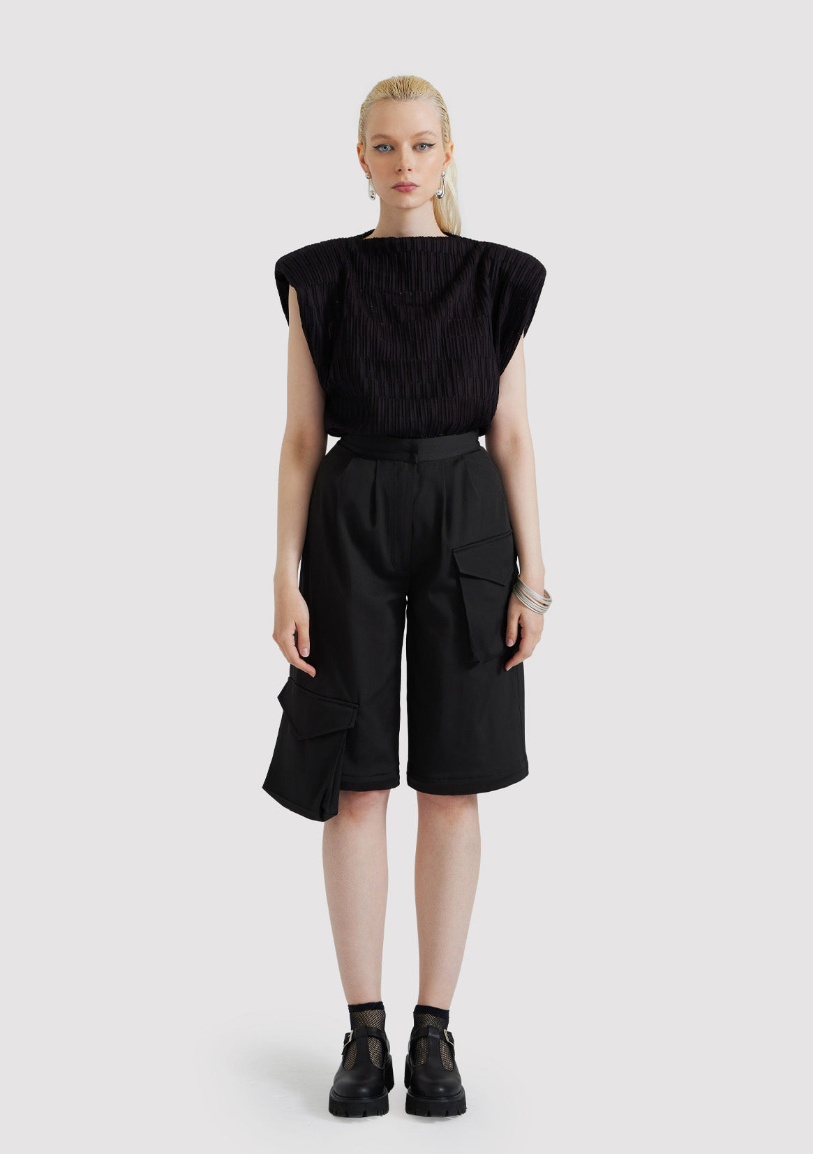 【ESC STUDIO】25SS★ neat shoulder pad shirt Edgy Elegance: Zip Shoulder Pad Lapel Collar Shirt