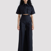 Military Cropped Shirt with Cargo Pockets