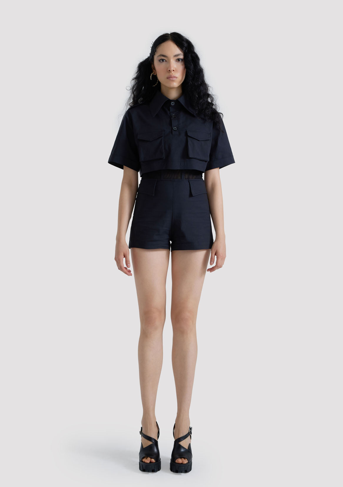Military Cropped Shirt with Cargo Pockets