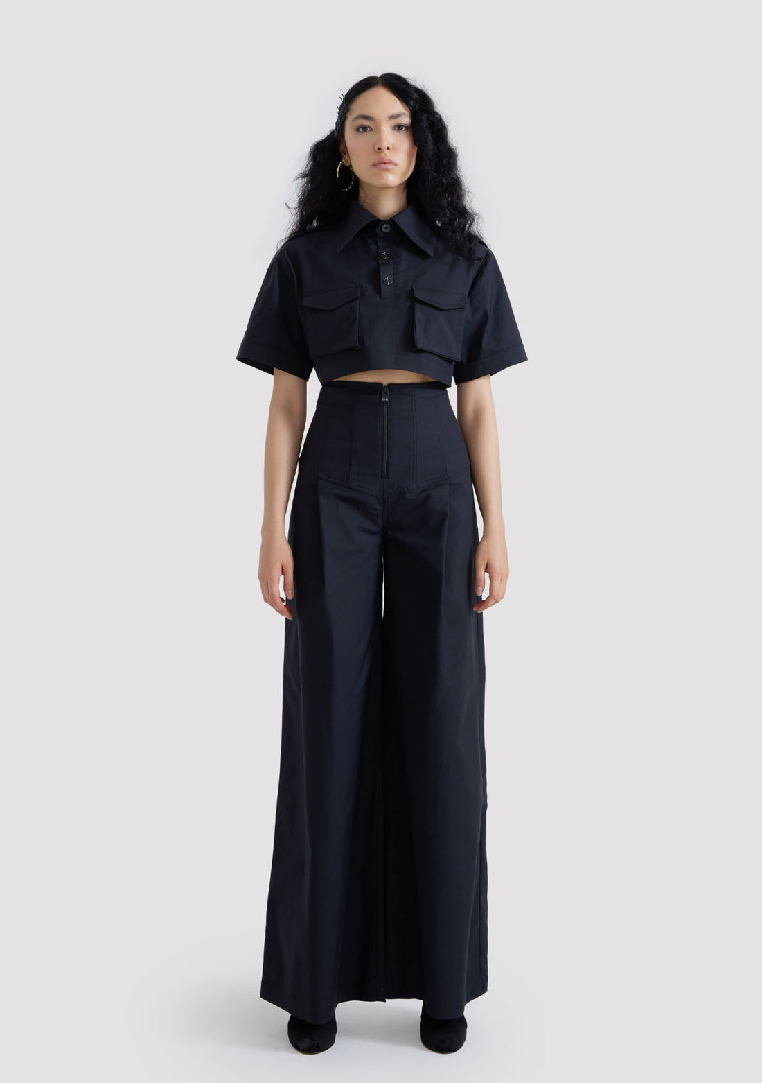 Military Cropped Shirt with Cargo Pockets