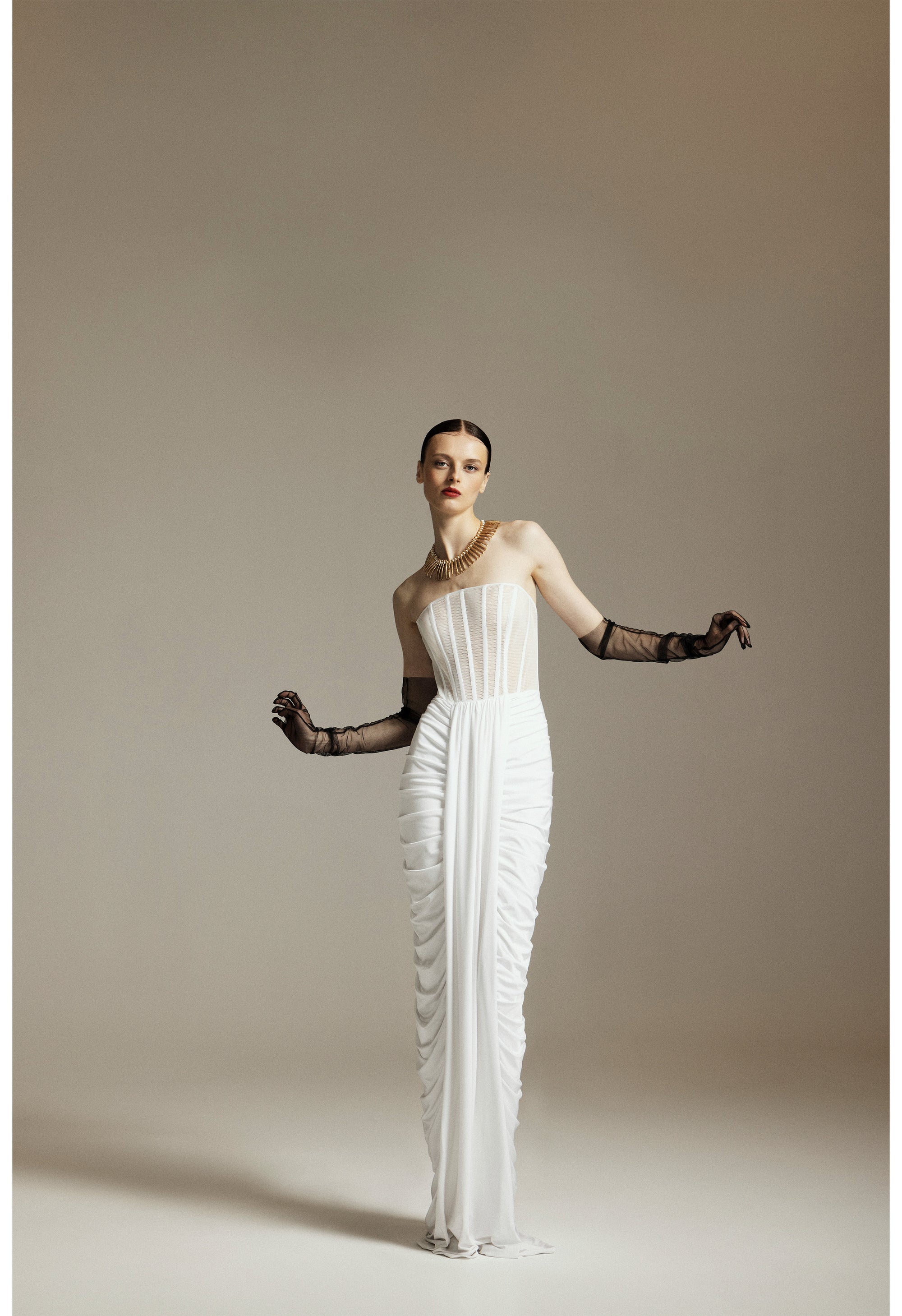 Dress with mesh top and draped skirt White ZAN Studio Dress with mesh top and draped skirt White ZAN Studio