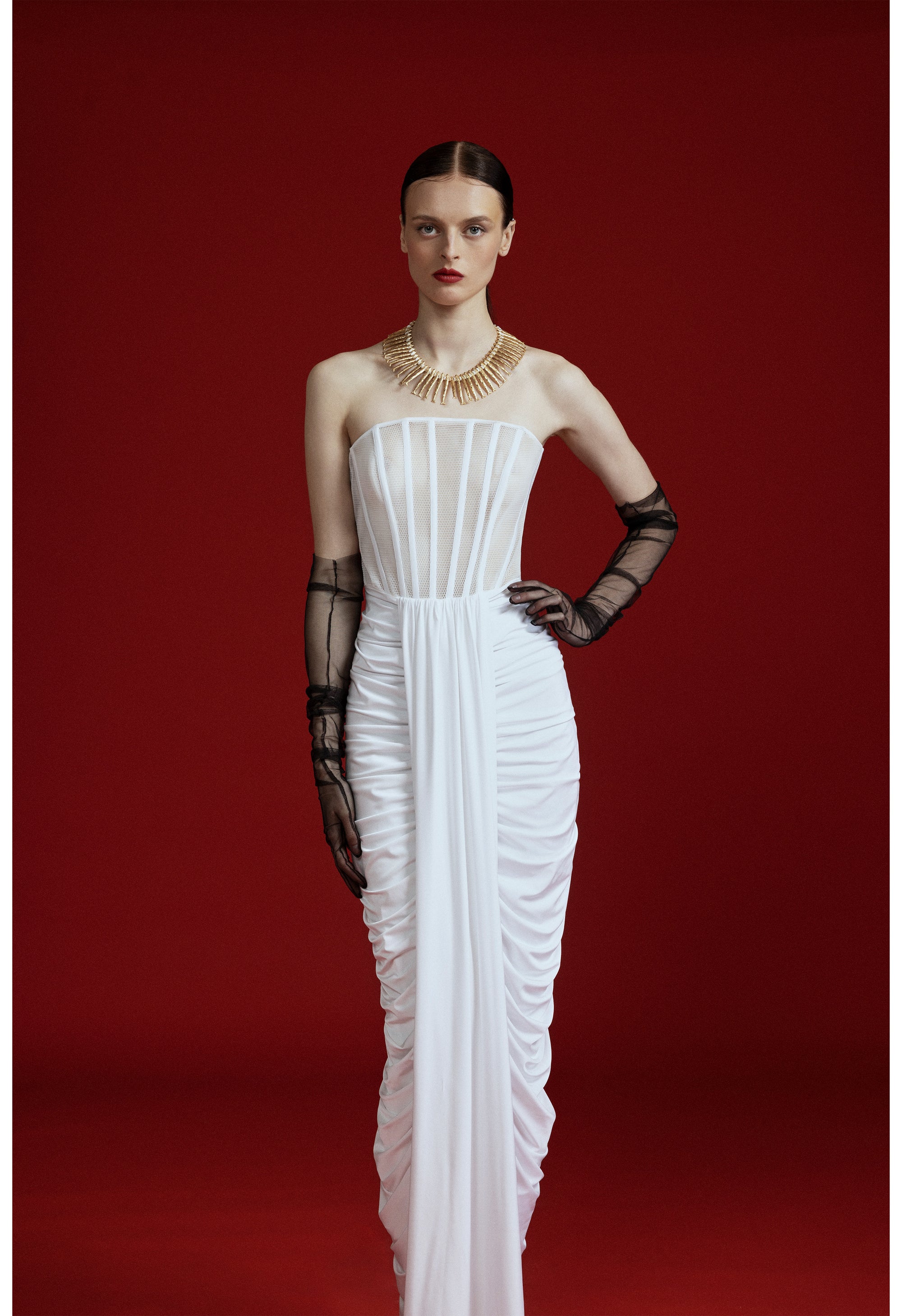Dress with mesh top and draped skirt White ZAN Studio Dress with mesh top and draped skirt White ZAN Studio