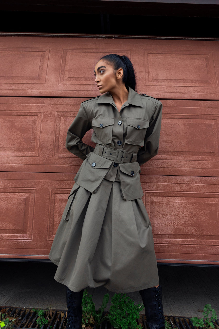 Army Pleated Skirt with Side Pockets